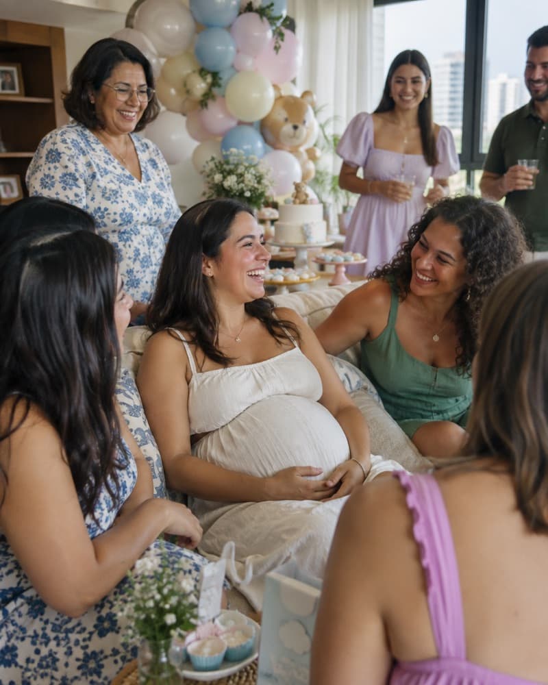 Chá de bebê com amigas e balões em tons pastel