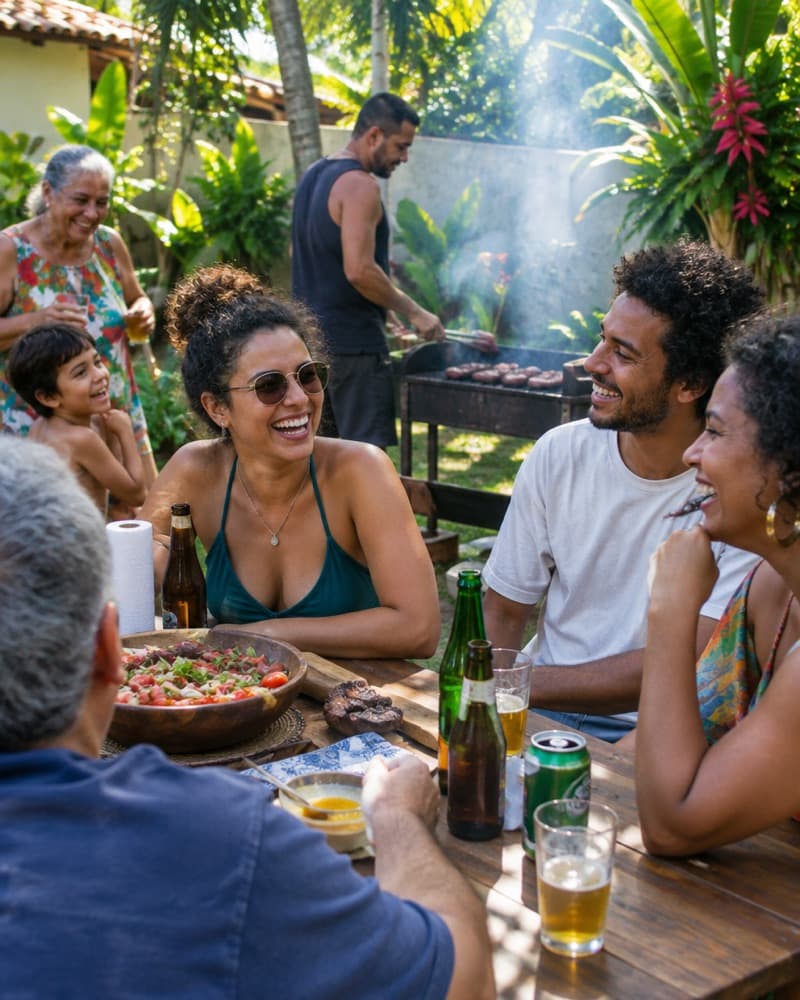 Amigos rindo em um churrasco no quintal