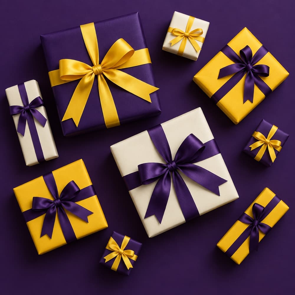 Caixas de presente em roxo, amarelo e creme vistas de cima
